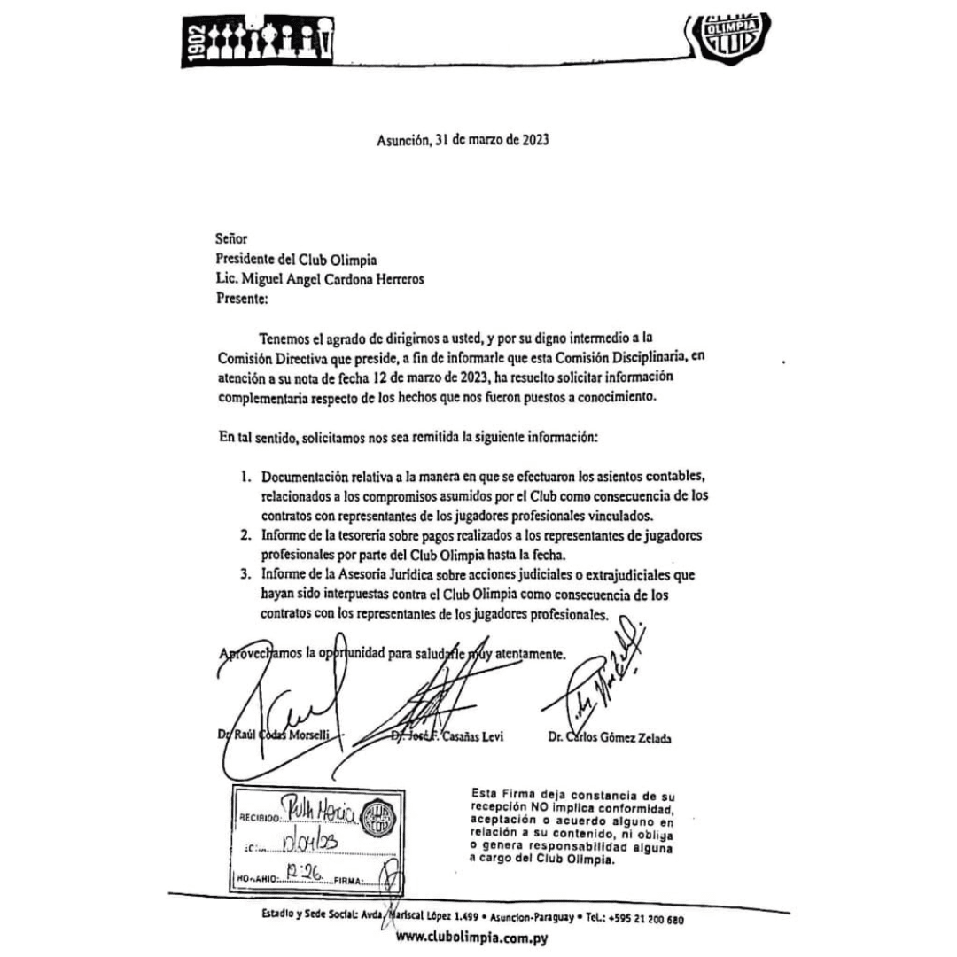 Investigación abierta en el Club Olimpia sobre contratos de representantes de jugadores